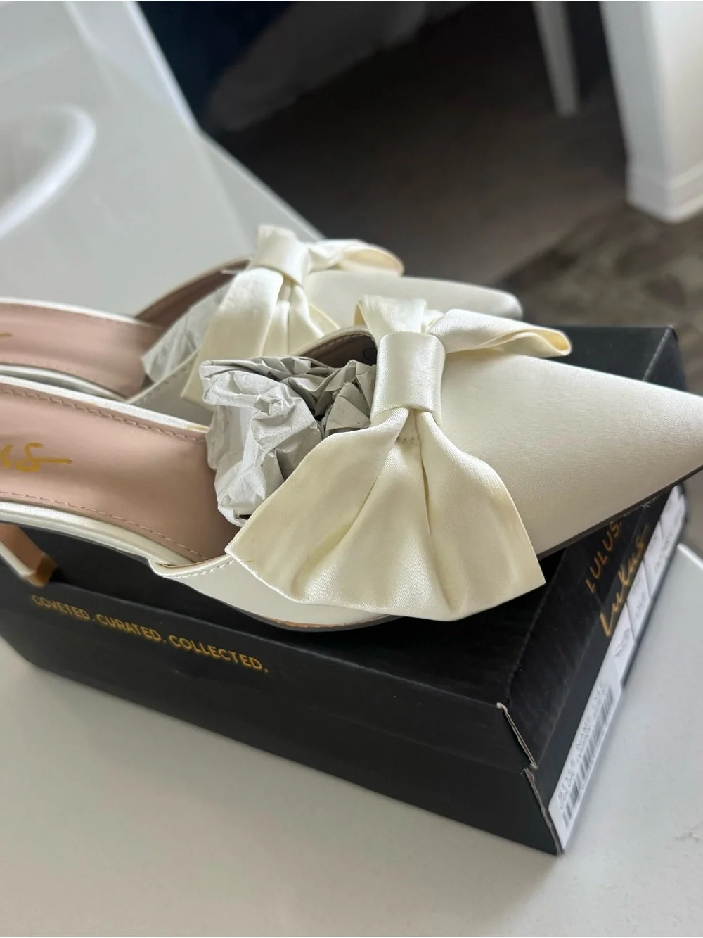 Lulu's Ivory Satin Bow Pointed Mules with Slip-On Back